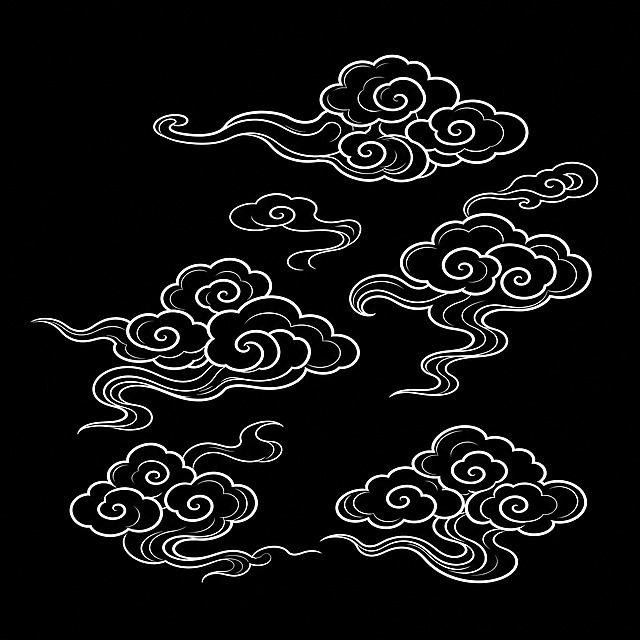 中国传统祥云图案，白色线条勾勒，纯黑色背景，线条流畅优美，云纹呈螺旋卷曲状，古典中式风格，装饰性纹样，简洁大气，多组云团错落分布，形态各异，带有飘逸流动的云气，传统吉祥纹样风格
