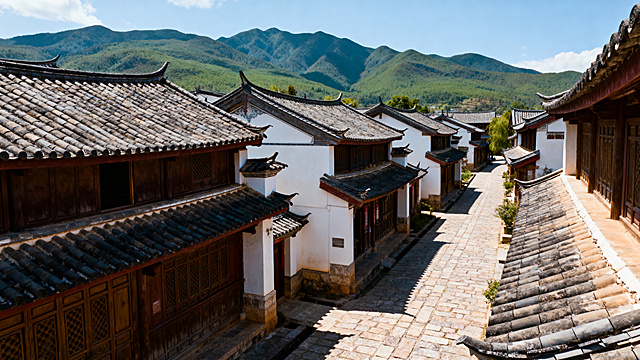 云南省古镇村落美景实拍摄影图，超级真实，以风景为主，无人物，无文字，和现实拍摄的一模一样，超清8K，主体占比40%-60%，至少30%天空，主体完整不歪斜，与之前生成的差异化明显