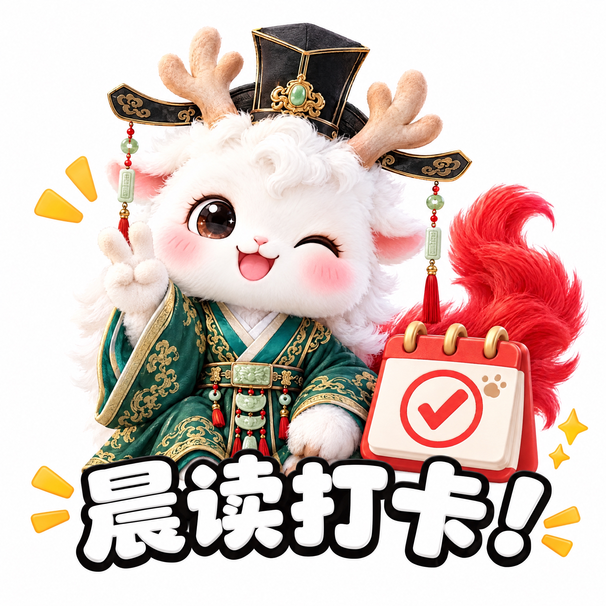 参考图中的白色鹿角神兽（穿绿色汉服、戴黑色官帽、红色尾巴），做… - 图片创意预览