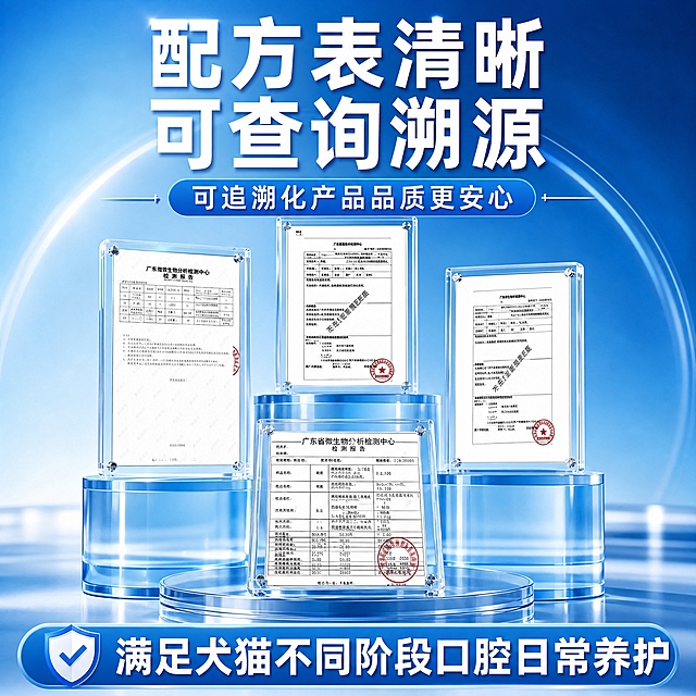 将第二张配方溯源图调整为1:1正方形比例的拼多多店铺主图。保留核心元素：配方表清晰可查询溯源主标题、可追溯化产品品质更安心副标题、多个透明亚克力检测报告展示台、底部满足犬猫不同阶段口腔日常养护文字。重新构图适配正方形比例，画面饱满紧凑，蓝色专业权威风格，高清精致。