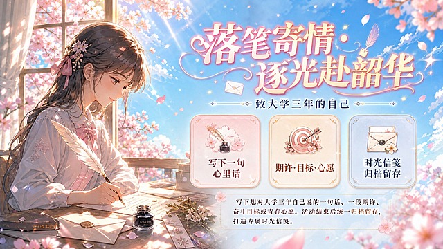 基于参考图重新生成，整体构图、人物、风格、配色、版式全部保持不变，只修改文字内容：将所有出现"大学四年"的地方改为"大学三年"，将"致大学四年的自己"改为"致大学三年的自己"。画面中所有数字必须精确渲染，不得错位、遗漏或编造。其余元素完全保留原样。