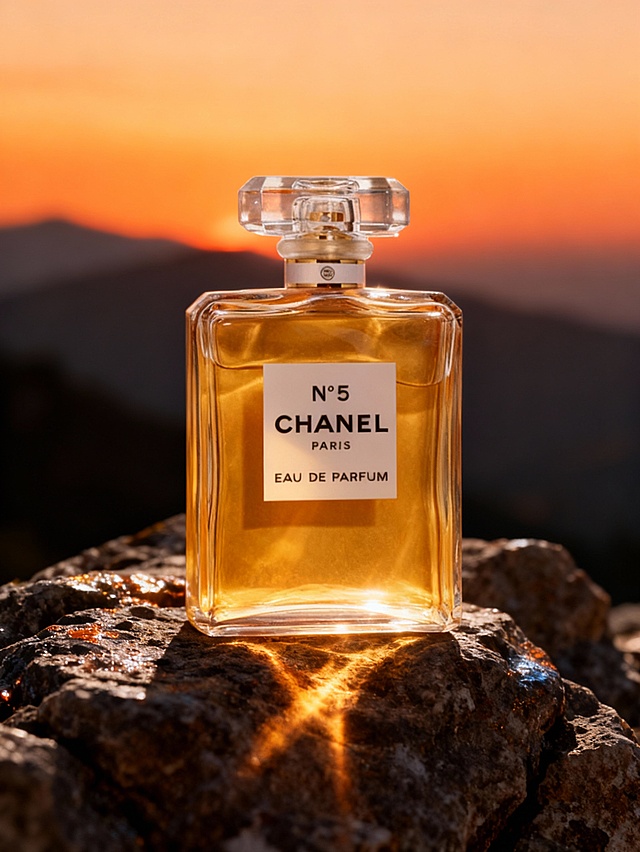 奢华感与优雅感交织，玻璃风瓶身在夕阳下折射出极致光影，重拟物设计呈现真实质感，极繁主义细节凸显时尚魅力，实景感背景强化视觉冲击。