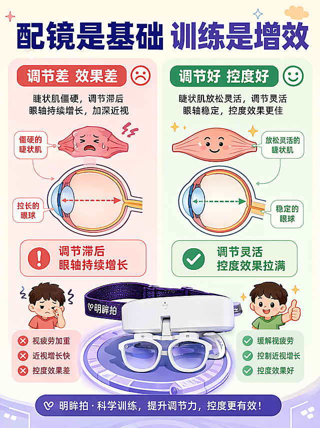 「图片1」图中的明眸拍是左边白盒子里的，右边的平板即内置软件是明眸拍的视觉训练软件，「图片1」这个图片上盒子上的设备就是明眸拍
我希望你把他们AI做成Q版的可爱一点的画面一会儿作为配图用
明眸拍是自动翻转拍，带有趣味训练的
以下我会给你一段小红书文案，请你为我生成小红书版本的主图1张和配图2张
主图要求：结合题目突出题目简洁吸人眼球
配图要求简洁大方通俗易懂：结合一些明眸拍和孩子训练的场景
调节力差｜戴再贵的防控镜片也白搭😭
很多家长都有这个困惑：
明明给孩子配了星趣控/新乐学/小乐园顶级防控镜
天天乖乖戴镜、也控制用眼
结果每半年复查，眼轴还是蹭蹭涨📈
其实大部分人都忽略了近视防控的隐藏关键——眼睛的调节能力！
再好的离焦防控镜片，都救不了调节功能差的眼睛🙅‍♀️

✨先搞懂：防控镜片的核心原理
市面上主流的多点离焦近视防控镜，核心逻辑是周边离焦技术，通过光学设计抑制眼轴增长，从根源延缓近视加深。
但！它有一个重要前提：孩子的眼部调节功能必须正常。
镜片是好镜片，眼睛“机能”跟不上，效果直接减半！

❌调节差、调节滞后，戴防控镜等于白费
很多孩子近视后，不仅是度数涨了，眼睛的调节肌肉也会变“懒”、变僵硬：
✅ 调节不足/调节滞后严重
孩子看书写作业、近距离用眼时，眼睛没办法精准、放松地对焦，眼球会下意识代偿拉长。
哪怕全程戴着昂贵的防控镜片，眼轴依然会持续增长，镜片的防控优势完全发挥不出来，相当于花钱买了个“普通眼镜”。
✅ 调节灵活、滞后值正常
眼部机能在线，离焦镜片的光学设计可以100%落地生效，能稳稳压制眼轴增长，近视涨幅会明显变缓。

💡视觉训练，是防控镜片的“增效外挂”
想要防控镜效果最大化，只配镜不训练是远远不够的！
针对性的视觉调节训练（翻转拍训练、远近交替注视训练等）
可以有效改善睫状肌僵硬问题，缩小调节滞后，让眼睛对焦更精准、更放松👏
简单说：配镜是基础，训练是增效
二者搭配，才能把离焦镜片的控度效果拉满，从根源稳住孩子近视！

📌家长必记防控真相
不是贵的镜片就一定能控近视
眼部调节功能，才是决定防控效果的核心关键
复查别只看度数！一定要查眼轴+调节功能，对症干预才有效✅