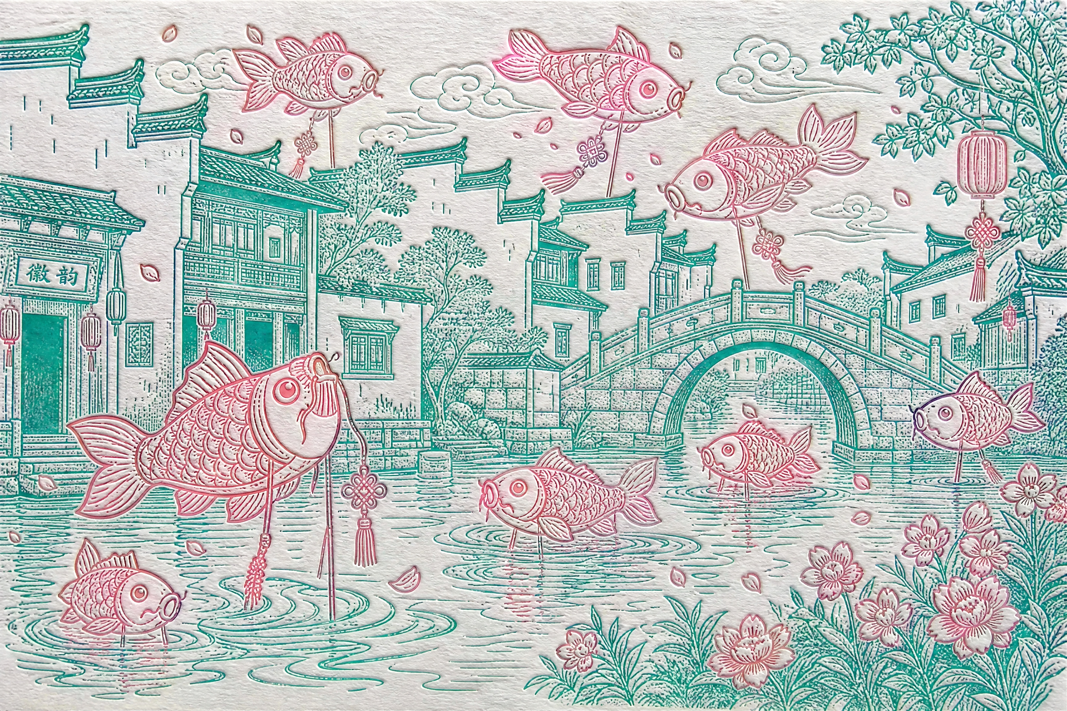 参考图中的凸版印刷明信片风格，双色线描插画，青绿色和粉红色线条… - 图片创意预览