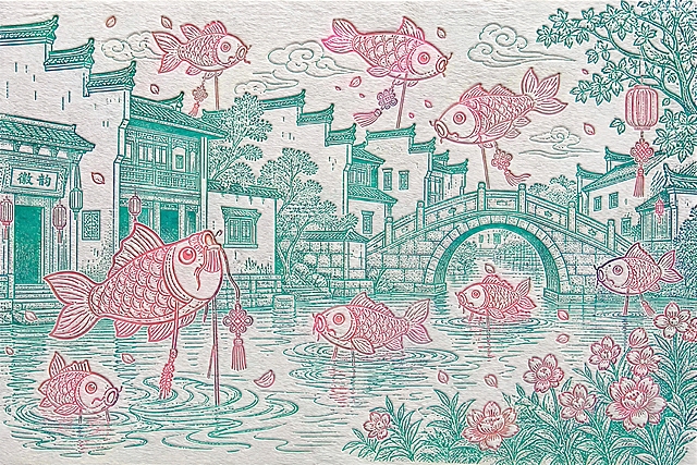 参考图中的凸版印刷明信片风格，双色线描插画，青绿色和粉红色线条，白色纸张纹理背景，线条清晰干净，画面内容替换为徽州古建筑和鱼灯：画面中有徽派马头墙古民居、石拱桥、流水，多盏徽州鱼灯漂浮在水面和空中，鱼灯为粉红色线条绘制，古建筑为青绿色线条绘制，整体构图饱满，具有传统国风韵味，超高清画质，8k，画面干净利落无瑕疵，手动凸版印刷明信片风格