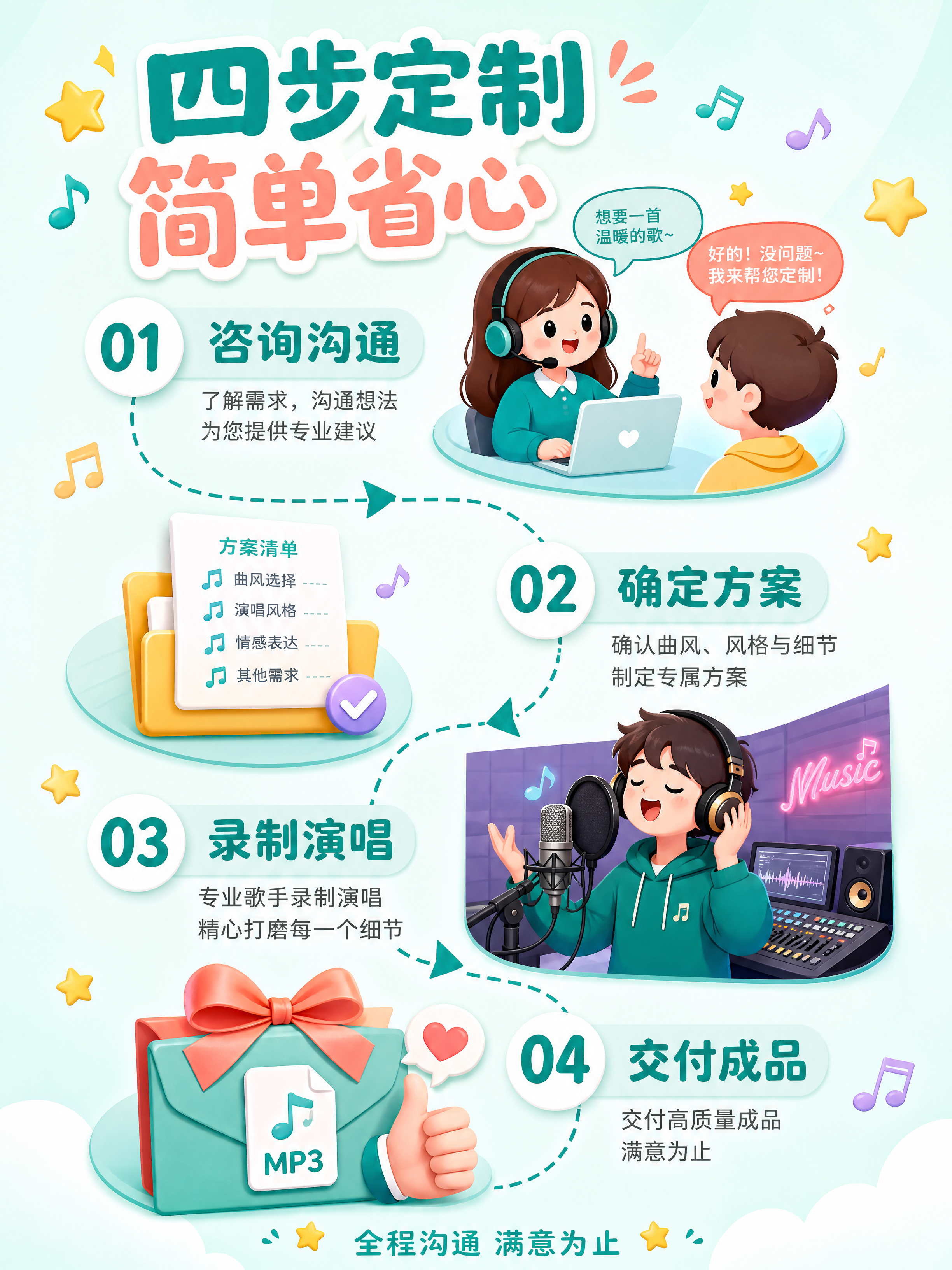 [第3张] 代唱服务流程说明页，四步定制流程。卡通可爱风格。… - 图片创意预览