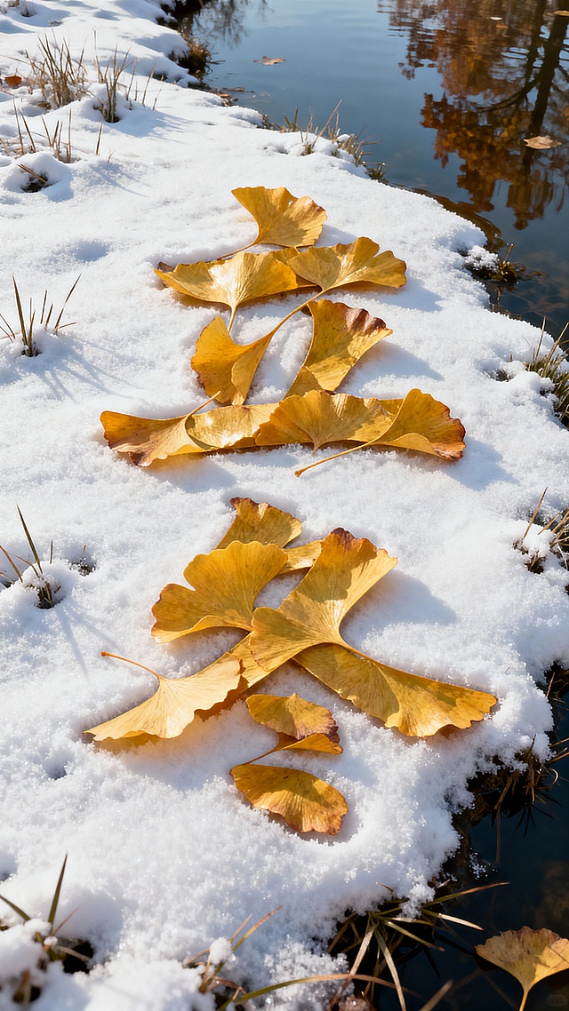 雪地之上，金黄银杏叶拼出“立冬”二字，实景感与自然肌理交织，中式诗意跃然眼前，静谧清雅，水彩般柔和。