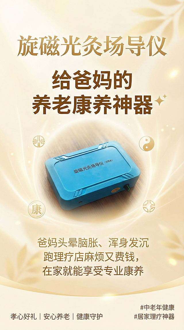 生成一张竖版9:16的康养产品海报，风格为温暖康养风，配色为浅金+暖白。排版结构：顶部大标题"旋磁光灸场导仪"，主slogan"给爸妈的养老康养神器✨"居中放大；中部情感句："爸妈头晕脑胀、浑身发沉跑理疗店麻烦又费钱，在家就能享受专业康养"；底部小字："孝心好礼｜安心养老｜健康守护"；角落添加小标"#中老年健康 #居家理疗神器"，产品放置在画面中间位置。
