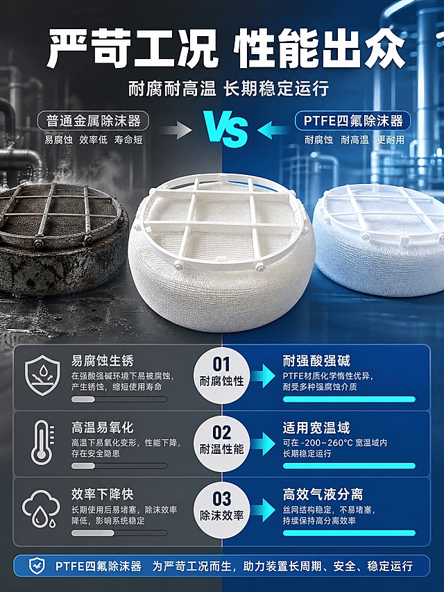 [商品] 使用【图1】聚四氟乙烯PTFE四氟丝网除沫器；保留圆形结构、白色丝网编织体、格栅压圈、纯白颜色；产品用于气液分离除沫。
[画面] 目标为性能测试对比页，展示产品在严苛工况下的优良特性。左右分栏对比构图：左侧为普通金属除沫器腐蚀/失效示意（灰暗色调），右侧为PTFE除沫器稳定工作示意（明亮色调）；中间放产品实物图（占比约30%）；上方标题区，下方3项性能测试条。
[视觉] 套系策略：风格=工业科技商业摄影风；标题字=粗黑无衬线工业字体；正文字=简洁无衬线体；主色=工业蓝+纯白；背景延展=左右分色背景，左侧暗灰（代表传统方案），右侧亮蓝（代表PTFE方案），中间过渡；强调色=亮青色，仅用于性能数据条和对比箭头；标题色=白色/深工业蓝；正文色=中灰/浅灰蓝；组件=对比分割线、性能进度条、测试icon；光影=右侧冷光突出PTFE产品优势。
[文字] 顶部主标题「严苛工况 性能出众」8字，副标题「耐腐耐高温 长期稳定运行」10字；3项性能对比：①耐腐蚀性（PTFE vs 金属：耐强酸强碱 vs 易腐蚀生锈）②耐温性能（适用宽温域 vs 高温易氧化）③除沫效率（高效气液分离 vs 效率下降快）；每项配进度条和短说明，文字横向排版。
[规格] 图片比例3:4竖版，4K分辨率，负向提示：避免变形、错字、文字过小、虚假数据、绝对化用语、卡通风格。