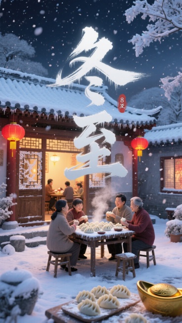 冬至傍晚，雪花纷飞，一座中式传统小院内灯火通明。木格窗上凝结着冰花，窗内是一家人围坐在餐桌前包饺子的温馨场景。桌上铺着面粉，摆放着刚包好的元宝形饺子，热气腾腾。窗外是银装素裹的庭院，挂着红灯笼，暖黄的预览效果