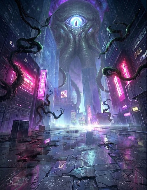 保持原图内容不变，为整个画面添加自然的下雨效果，保留原图的赛博克苏鲁风格和霓虹色彩，地面保持湿润反光效果预览效果