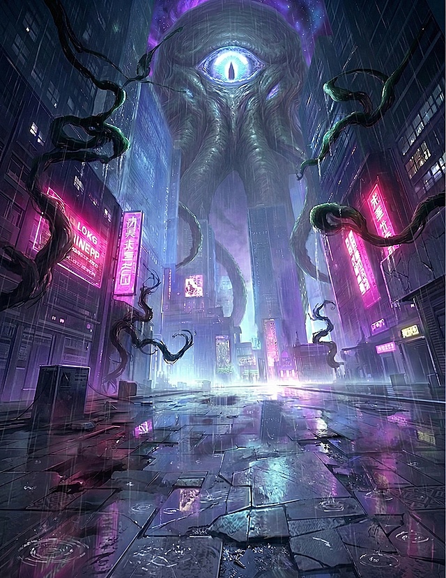 保持原图内容不变，为整个画面添加自然的下雨效果，保留原图的赛博克苏鲁风格和霓虹色彩，地面保持湿润反光效果