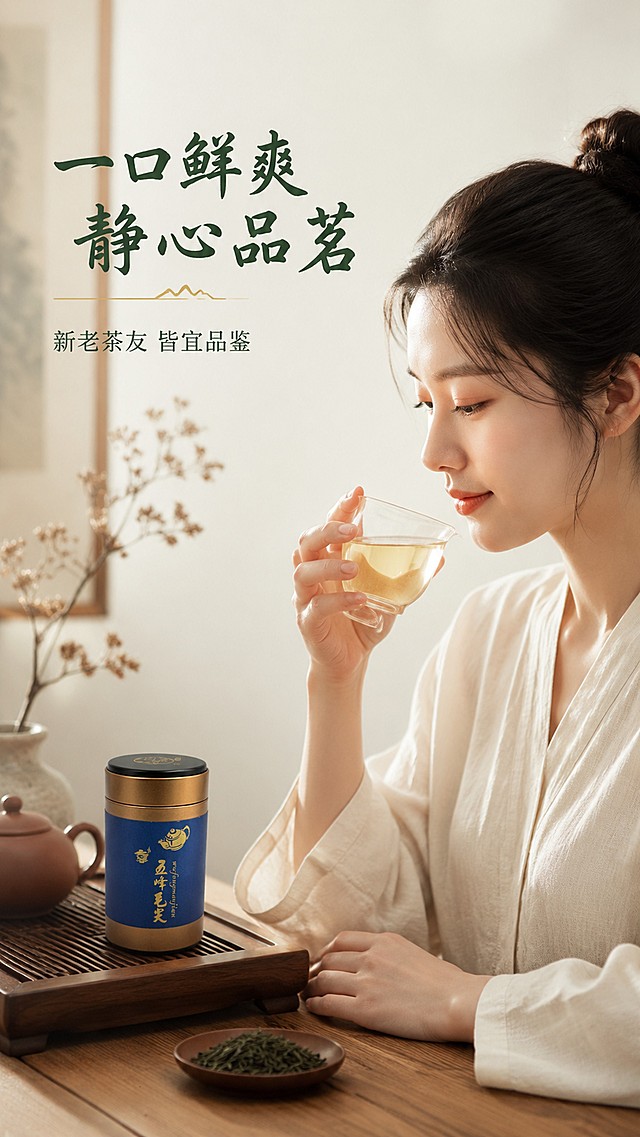「图片1」，生成详情页，商品名称为百鹿春毫五峰毛尖「图片1」「图片1」「图片1」「图片1」「图片1」，适配淘宝/天猫平台，单图比例为9:16，需求屏数为8张，介绍商品卖点与促销信息。这款明前特级毛尖精致128克便携装，产自高海拔核心茶园醇厚甘润，香高绵柔，耐泡耐喝，商用居家均宜，新老茶友都适合。原价128，现价68元，闭眼入。