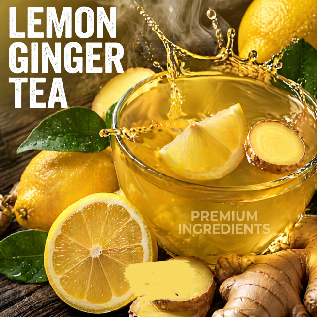 Generate a detail page image for lemon ginger tea, all text in English, do not include any product p预览效果