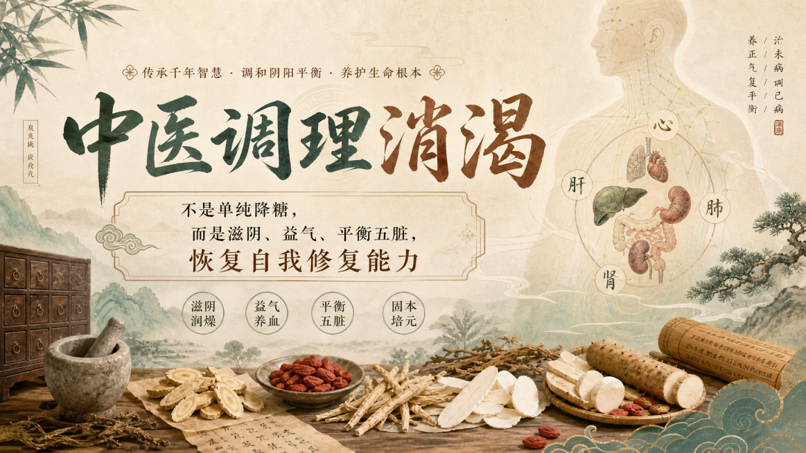 中医养生科普横版首图，主题为中医调理消渴，核心观点是"不是单纯降糖，而是滋阴、益气、平衡五脏，恢复自我修复能力"，整体风格传统中医风，淡雅配色，结合中医元素如草药、经络预览效果