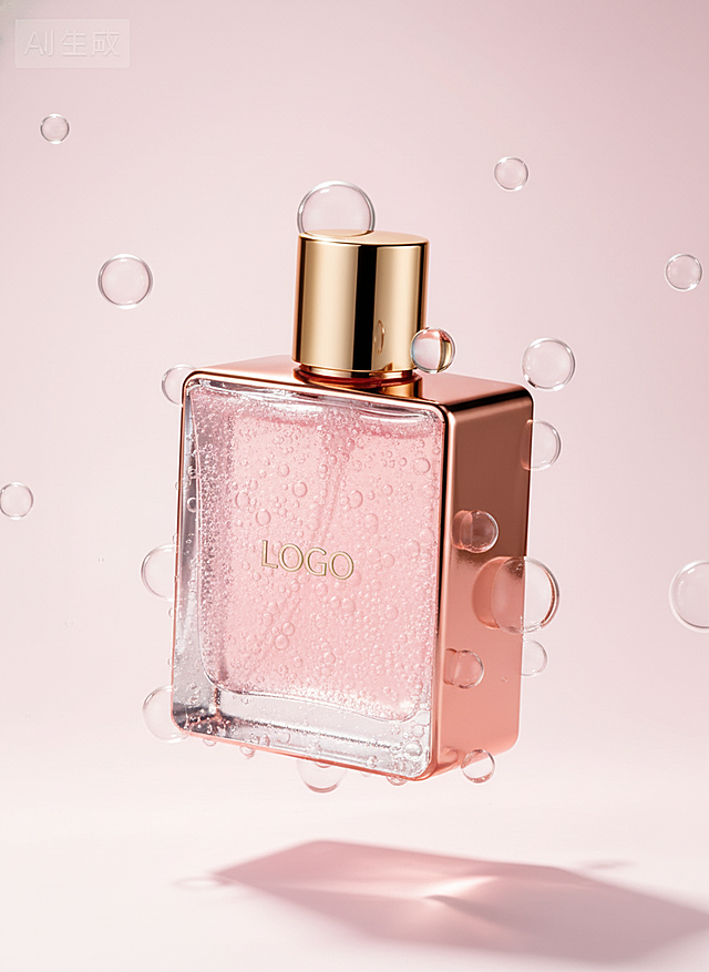 产品悬在空中，产品上有泡沫，周围漂浮泡泡，光泽反射强烈，柔和光影，现代高端洗护产品广告风格，细节丰富，背景为淡粉色光影