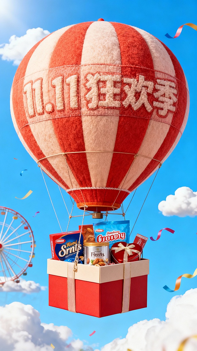 一个带有主体配色的大型热气球，吊篮为礼盒样式，礼盒里放着图中所有物品，气球上绣着“11.11 狂欢季”，背景展示高饱和蓝天、摩天轮、云朵、彩带等元素，营造出活泼、精致的氛围。
