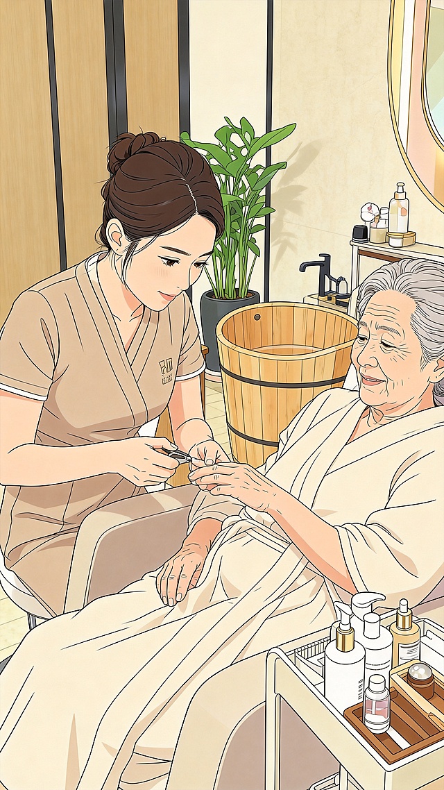 把这张图片改成动漫线条风格，弱化人脸细节，保留场景：一位美容师在给老人修剪指甲，背景是泡澡桶，美容院风格，4K