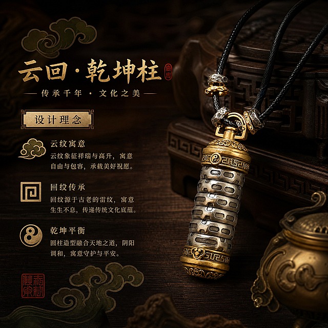 电商产品主图，正方形构图，深色中式风格场景，深色木纹背景，古典展陈风格，庄重典雅。画面主体为圆柱形金属吊坠，吊坠周围装饰有传统云纹和回纹图案元素，展示传统文化设计理念。画面有产品设计理念介绍文字。整体深色中式风格，文化底蕴浓厚。