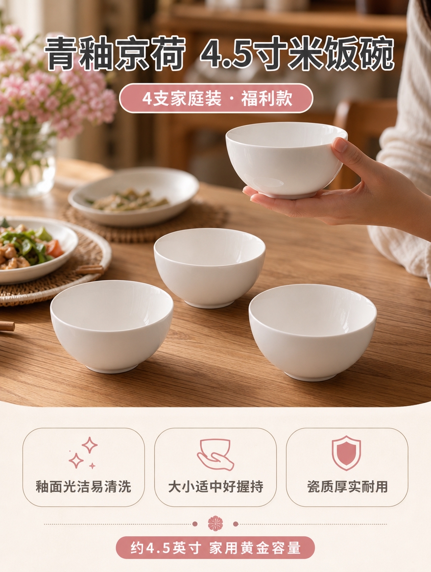 [商品] 使用【图2】白瓷4.5寸米饭碗；保留碗的圆润造型、纯… - 图片创意预览