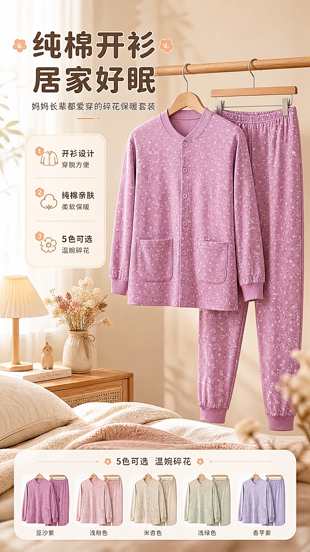 [商品] 使用【图11】豆沙紫色开衫秋衣秋裤套装；商品处理：保留开襟纽扣、立领、双口袋、罗纹袖口裤脚、松紧腰、碎花图案和纯棉面料；自然去除褶皱，理顺垂坠，增强织纹、缝线、纽扣质感，颜色与版型保持与原图一致。
[画面] 目标：温馨风格头图海报，突出纯棉开衫家居服的舒适与多色选择。构图：居中偏上套装悬挂展示，前景为温馨卧室一角（木质床头柜、暖光台灯、棉麻床品、干花），中景套装为视觉主体，背景虚化暖调墙面与纱帘。主体占画面60%，阅读动线从上到下，顶部标题区留白。
[视觉] 套系策略：风格=家居生活温馨商业摄影；标题字=圆润黑体粗体；正文字=简洁无衬线体；主色=豆沙紫+暖米杏；背景延展=暖米杏、浅粉紫渐变、棉麻肌理、木质暖调；强调色=暖橘粉，仅用于小图标、引线和标签；标题色=深棕灰；正文色=中暖灰；组件=圆角米白信息卡、细虚线引线、小花图标；光影=左前侧暖柔自然光，窗边漫射感。
[文字] 顶部主标题「纯棉开衫 居家好眠」，副标题「妈妈长辈都爱穿的碎花保暖套装」，下方3个短卖点：①开衫设计 穿脱方便 ②纯棉亲肤 柔软保暖 ③5色可选 温婉碎花。文字位于左上信息卡，不遮挡套装主体。
[规格] 图片比例9:16竖版，4K，负向提示：避免变形、错字、文字过小、冷蓝背景、颜色失真、版型走样、白底孤立、极限词。