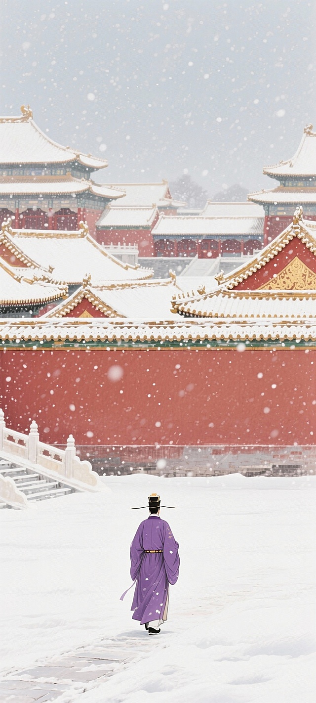 工笔风与水墨风交融，雪落宫墙，紫袍仕人独行于静谧冬景，古典中式意境悠远，插画风格细腻唯美。