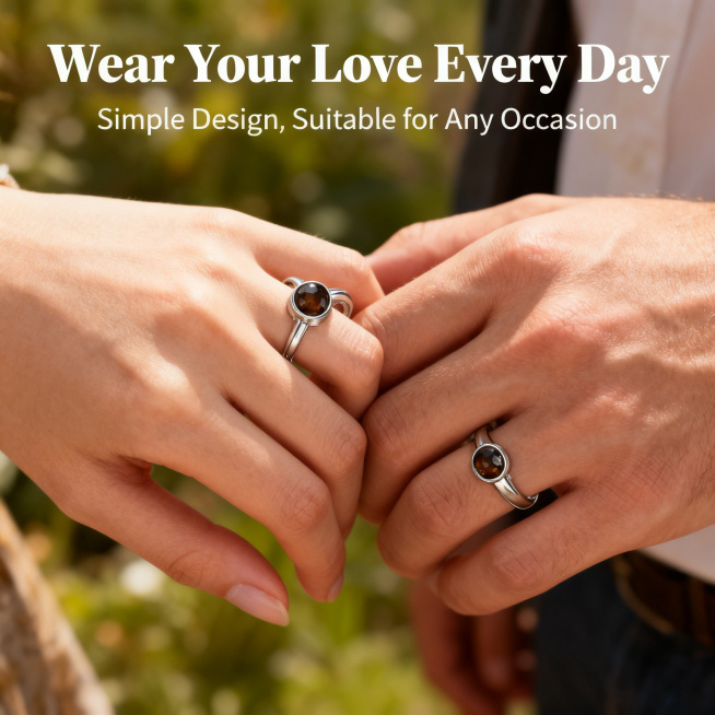 Strictly replicate all details of the uploaded couple silver rings, including color, shape, brown ge预览效果