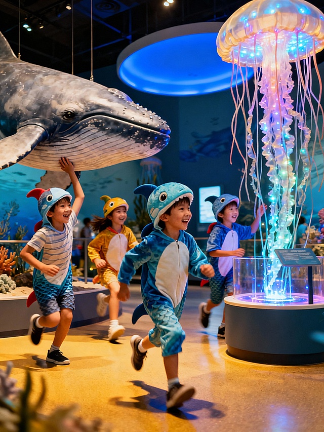 再生成多场景的，不用写文字，生成孩子游玩的图，还有以下描述的图片升维跨年！国家自然博物馆蓝海幻装夜 | 专业讲解团解锁隐藏「自然剧本」 🐋✨

2026最酷开场！国家自然博物馆“蓝嗨”盛典 | 我们的讲解团，带你穿行科学与幻想的零点 🔬🎆

抢位！自然博物馆跨年限定讲解团 | 不止Cosplay狂欢，更带娃看懂生命史诗与蓝海奥秘 👨‍👩‍👧‍👦🧬

📜 核心文案 (可直接复制使用)
【开场引语 | 结合热点与价值】

官宣了！2025最后一夜，全北京最酷、最有知识的跨年盛典就在这里——国家自然博物馆“蓝（来）海（嗨）幻装跨年夜”！🐬 当千名“海洋生物”在博物馆奇妙夜共舞时，你获得的是热闹。而加入我们的独家专业讲解团，你将获得一部由古生物学家、海洋专家“配音”的沉浸式 “生命史诗” 。这才是打开2026年的正确方式！

【核心亮点 | 官方活动 + 讲解团双重价值】

✅ 🎉 独占官方盛典所有高潮
无缝参与幻装大秀、整点抽奖、零点倒计时等所有官方环节。我们已为你规划最优动线，不错过任何精彩。

✅ 🔍 专业讲解团：揭开“蓝海”的终极奥秘
这才是我们提供的核心价值！在狂欢之外，我们的专家老师将带你：

深度解读“鲸奇”特展：讲述巨鲸演化史诗，而不只是看标本。

解锁隐藏彩蛋：在古哺乳动物展厅，寻找“海洋祖先”的踪迹。

回答孩子的“十万个为什么”：用故事解答生命起源与演化之谜。

赠送专属“科学探索手账”，让知识沉淀。

✅ 🚶 专属通道与后勤管家
提供活动攻略、集合引导，并配备讲解接收设备。在拥挤的人潮中，你们自成有序的“探索小队”。

✅ 📸 科学记录“高光时刻”
我们不仅是讲解员，也是“科学记录者”。除了享受官方摄影，我们更会为你的家庭捕捉与展品的深度互动瞬间。

【行动号召 | 强调稀缺与专属】

这是一场仅限跨年夜的博物馆特别开放！官方活动席位与我们的精品讲解团名额双稀缺。
立即私信“自然博物馆跨年”，抢占家庭专属席位，获取详细方案。让我们用一场顶级的知识狂欢，开启智慧闪亮的2026！💡