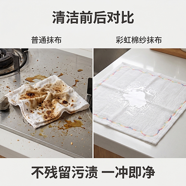[主图 2] 彩虹棉纱抹布去油效果展示卖点图。
[氛围风格] 真实直观清洁效果对比，清爽干净厨房氛围，拼多多直白风格。
[画质] 商业摄影质感、光线柔和通透、产品清晰真实、画面干净高级。
[元素] 左右分屏对比布局，左侧为沾有油污的抹布放在脏灶台，右侧为本款彩虹棉纱抹布冲洗后洁净如新，抹布放置在干净台面上。保持本款彩虹棉纱抹布外观（物理结构、材质质感、颜色）与输入产品图绝对一致，杜绝任何变形和色差，精细化处理。商品主体占比严格控制在60%-80%之间，画面满屏无边框。
[光影] 均匀室内自然光，左右光影一致，突出左侧污渍和右侧洁净的对比效果，明暗清晰。
[配色] 整体干净浅灰白色调，油污用深褐色突出对比，文字用深灰色清晰展示。
[视角构图] 左右对称平视对比构图，左右分区明确，主体突出。
[文字版式] 顶部居中大字标题"清洁前后对比"，深灰色粗体；左侧上方小字标注"普通抹布"，右侧上方小字标注"彩虹棉纱抹布"，对应位置标注清晰。底部居中大字卖点"不残留污渍 一冲即净"，突出核心效果，字体醒目。
[比例分辨率] 1:1 比例，2k 分辨率；文字清晰锐利，画面超高清。
[负向提示词] 变形，水印，文字错乱，产品图模糊，背景杂乱，牛皮癣，配色刺眼，遮挡主体