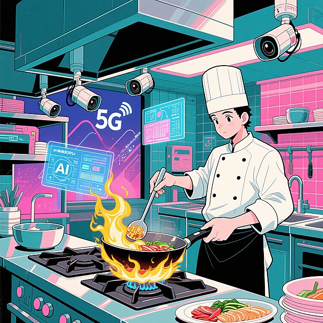 餐饮厨房 厨师炒菜   视频采集  视联网 利用5G+视联网+AI技术赋能提升餐饮行业透明度，让消费者安心消费，让管理更省心。
