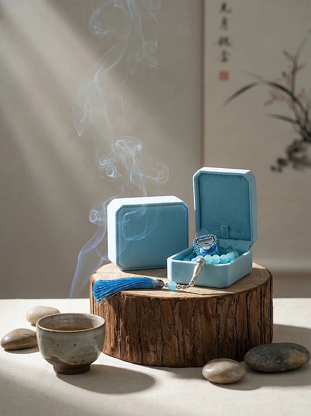 参考图2的东方禅意新中式风格构图，为图1蓝色镶钻电子计数器佛珠手串制作场景图，保持产品主体物理结构不变，保持产品原有文字和Logo不变，保留蓝色绒布首饰盒、蓝色海蓝宝圆珠手串、蓝色流苏所有组件，采用自然侧光，丁达尔光束，搭配原木桩、粗陶茶杯、鹅卵石中式茶道道具，袅袅青烟，整体是商业高调摄影，柔和漫射光，低对比度，前中后景层次分明，三分法视觉重心，静谧留白氛围，低饱和度中性色调，东方禅意质感