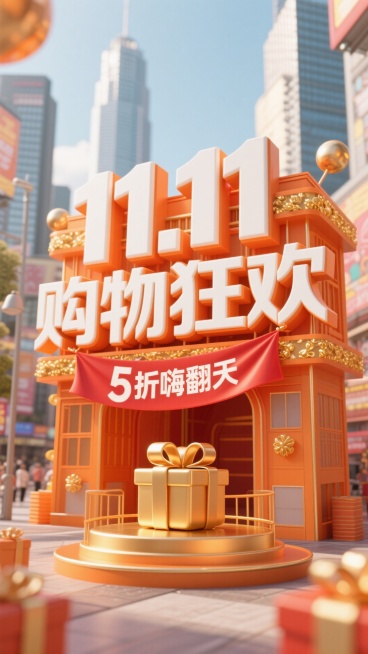 以暖橙色为主色调，前景是立体字组成的醒目建筑， “11.11购物狂欢” 立体大字（白与暖橙渐变，配金色装饰）及下方 “5 折嗨翻天” 红色横幅；中间有金色圆形装置（内有礼物）；背景是繁华都市预览效果
