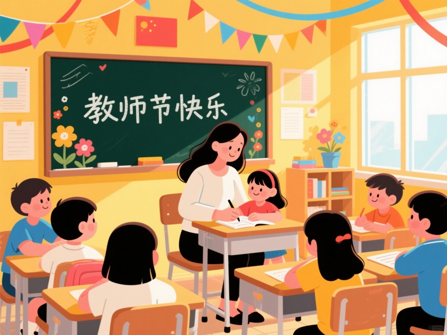 小学教室背景，暖黄色氛围，彩带和鲜花装饰，阳光透过玻璃窗洒入，黑板上写着“教师节快乐”，一位长发女老师坐在座位上辅导小女孩作业，周围围着一圈学生，整体呈现卡通风格预览效果