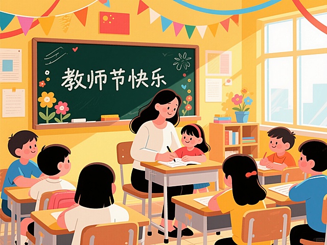以小学教室为背景，整体是暖黄色氛围，彩带和鲜花，有阳光穿过玻璃窗照射，黑板上写了教师节快乐，一位长发女老师在座位上辅导小女孩作业，旁边围了一圈学生，卡通风格