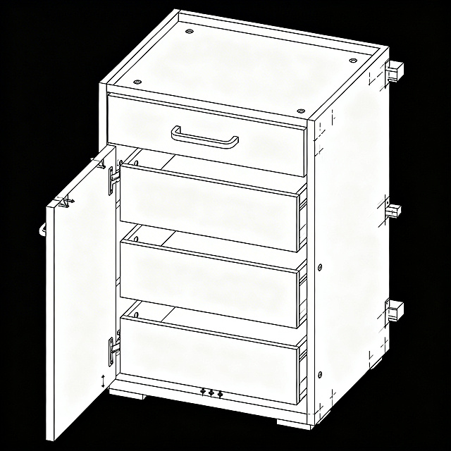 长方体主架体立体结构，带左侧板、右侧板、顶板、底板，内部三层抽屉层，抽屉嵌入其中，顶板有齐平的凹槽提手，左侧板有燕尾槽，右侧板有燕尾榫，顶板有定位销孔，底板有定位销，工业机械绘图风格，线条精准