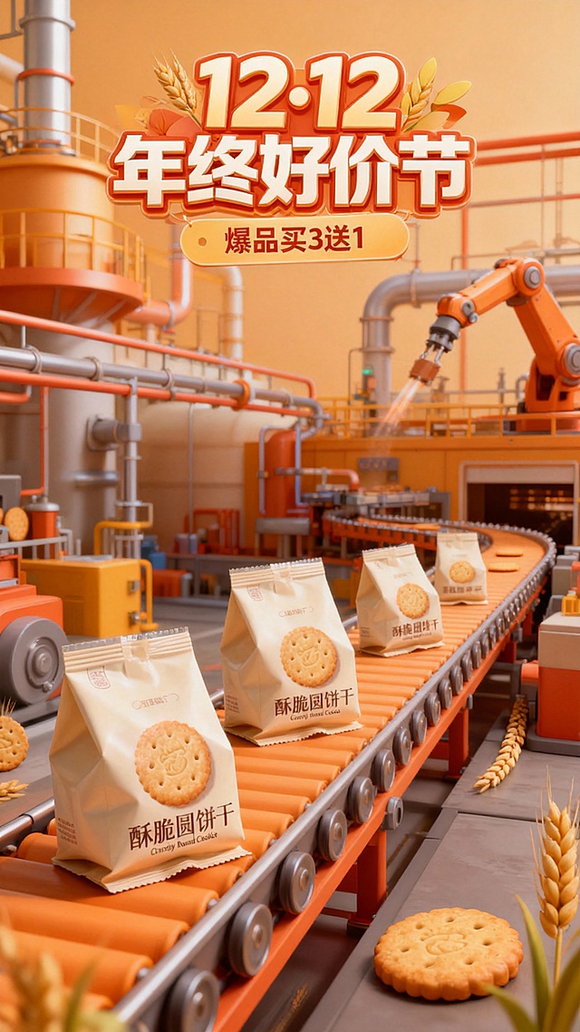 科技感与工业风融合的3D重拟物场景，虚拟现实质感的生产线传递促销氛围，金属色调强化现代感，烘托12.12年终好价节的节日热度。