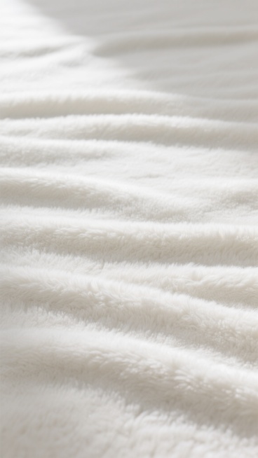 一张高质感的地毯特写，整体呈现纯净的白色调，光线柔和均匀地洒落在表面，营造出明亮、洁净的氛围。地毯表面材质改为光滑细腻、纹理清晰的羊毛，保留原有的大面积覆盖构图和自然的褶皱起伏感，羊毛纤维紧密且带有细微的自然光泽，展现出柔软而富有弹性的质感，整体视觉效果保持与原图一致的简约、高级感。预览效果