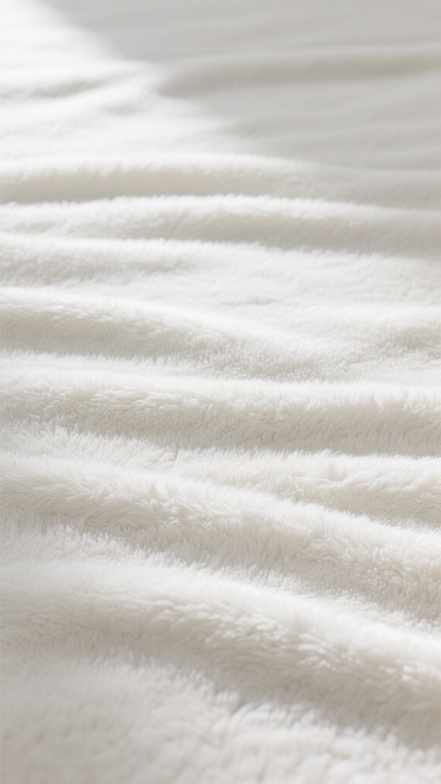一张高质感的地毯特写，整体呈现纯净的白色调，光线柔和均匀地洒落在表面，营造出明亮、洁净的氛围。地毯表面材质改为光滑细腻、纹理清晰的羊毛，保留原有的大面积覆盖构图和自然的褶皱起伏感，羊毛纤维紧密且带有细微的自然光泽，展现出柔软而富有弹性的质感，整体视觉效果保持与原图一致的简约、高级感。