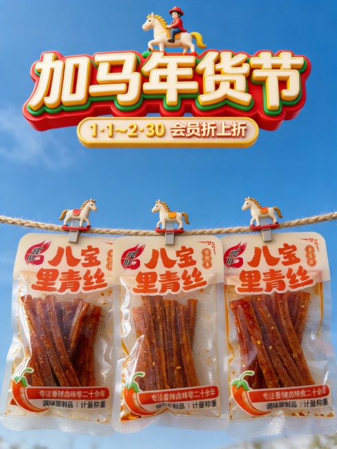写实风，轻微仰拍视角，主体位于画面中心，被小马造型的夹子在一根麻绳上，主体占画面比50%，保持主体特征不变。高饱和暖色调，户外蓝色天空，清新趣味感氛围，顶部主标题为3D红绿黄配色标题“加马年货节”（骑预览效果