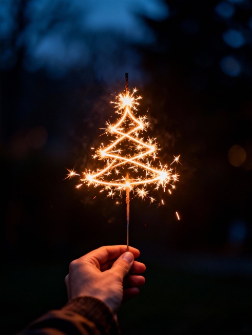 夜晚，一只手拿着一根仙女棒，仙女棒燃烧成圣诞树造型，景深预览效果