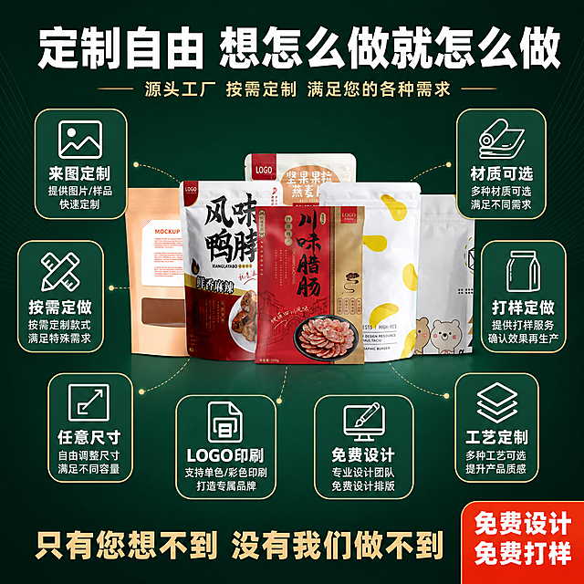[主图-7] 定制能力与服务权益，核心任务：全面展示可提供的定制服务内容与权益，突出“定制自由”，让用户知道什么都能做、什么都能印。
[统一基调] 整体风格为专业品质的源头工厂电商风，背景主色为深墨绿渐变到浅绿，标题字色为白色加粗大字，辅助字色为浅金色，强调色为橙红色，字体为粗黑体无衬线，字号层级分明，卡片为圆角矩形配细线边框，图标为简约线性图标。
[画面] 画面采用网格布局，中央展示一款主打的定制包装袋样品，包装袋外观、颜色、形状、尺寸比例与输入产品图完全一致，禁止任何变形。包装袋周围环绕8个定制能力图标卡片，呈放射状排列，分别代表：来图定制、按需定做、任意尺寸、LOGO印刷、免费设计、打样定做、材质可选、工艺定制。每个卡片有对应图标和简短文字。背景为简洁的深绿色渐变，有细微的线条纹理增加质感。
[光影质感] 影棚商业摄影质感，中央包装袋主光突出，立体感强，材质清晰，周围卡片为扁平化设计，光影统一柔和。
[配色] 深墨绿主背景，浅金色卡片边框，白色图标和文字，橙红色重点强调。包装袋保持原有颜色不变。
[文字版式] 画面顶部大标题“定制自由 想怎么做就怎么做”，白色粗黑体；副标题“源头工厂 按需定制 满足您的各种需求”，浅金色小号字。中央包装袋周围8个圆角小卡片，每个卡片上方是白色线性图标，下方是两行白色文字：第一行加粗关键词如“LOGO印刷”，第二行小号说明如“品牌专属 提升形象”。画面底部一行大字“只有您想不到 没有我们做不到”，浅金色字。右下角橙红色标签“免费设计 免费打样”，白色字。
[输出要求] 1:1正方形比例，2K分辨率，信息丰富但不杂乱，文字清晰。禁止产品变形、禁止改变袋体直径、禁止改变形状、禁止改变透视角度、禁止重新绘制产品、禁止新增产品、禁止减少产品、禁止改变产品颜色。禁止水印、错字、模糊。