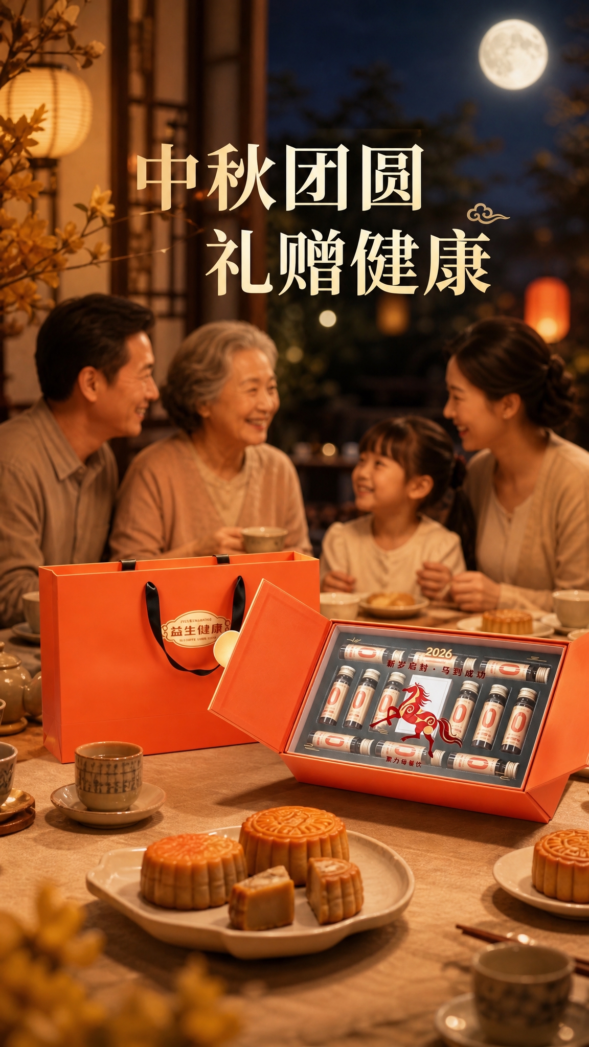 中秋节前预热海报，场景化风格，画面主体是桑氿益生菌植物饮橙色礼… - 图片创意预览