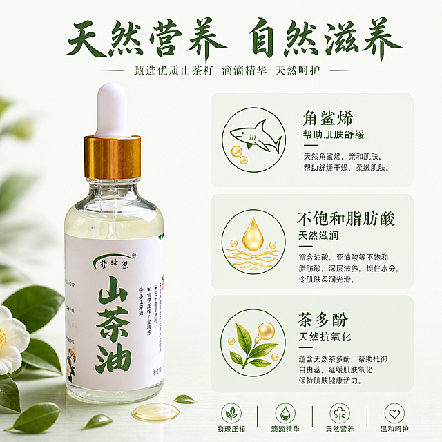 [第4屏] 营养成分展示屏，介绍乔绿浪山茶油天然营养成分。本屏使用【图4】作为瓶身细节展示主体。
[氛围/风格] 干净专业健康风格，通透清新，突出天然营养属性。
[元素布局] 左侧放置山茶油产品瓶身，占比约50%，右侧分三个板块分别介绍角鲨烯、不饱和脂肪酸、茶多酚三种天然营养成分，每个成分搭配对应小图标和简短说明，整体左右分栏平衡构图，产品瓶身结构与输入图一致。
[光影质感] 均匀柔和布光，产品瓶身油液通透，高光清晰，阴影柔和。
[配色色系] 全局底色 #F8FBF7；主色山茶绿；辅助色浅灰、浅棕，板块用淡绿色块区分。
[视角构图] 正面平视，左右分栏，阅读动线从上到下、从左到右。
[文字版式] 顶部大标题「天然营养 自然滋养」，左侧产品，右侧三个信息块：「角鲨烯 帮助肌肤舒缓」「不饱和脂肪酸 天然滋润」「茶多酚 天然抗氧化」，每个信息配小图标，字体保持书法标题+规整正文，文字清晰不拥挤。
[比例分辨率] 9:16 竖版比例，4K分辨率，文字清晰可辨，高清画质。
[负向提示词] 产品变形，成分信息错误，文字错乱，排版拥挤，颜色偏差