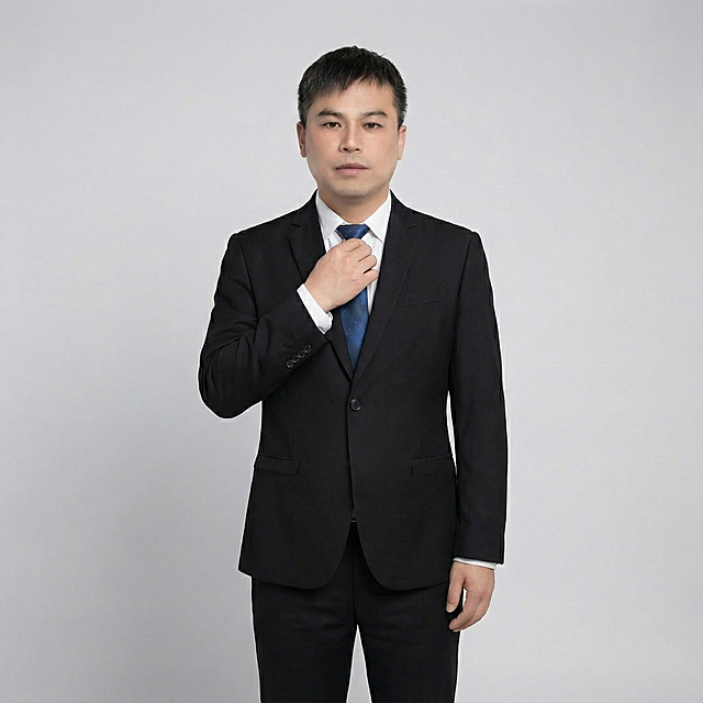 有点呆板，请重新生成，右手扶领带姿势，其他不变