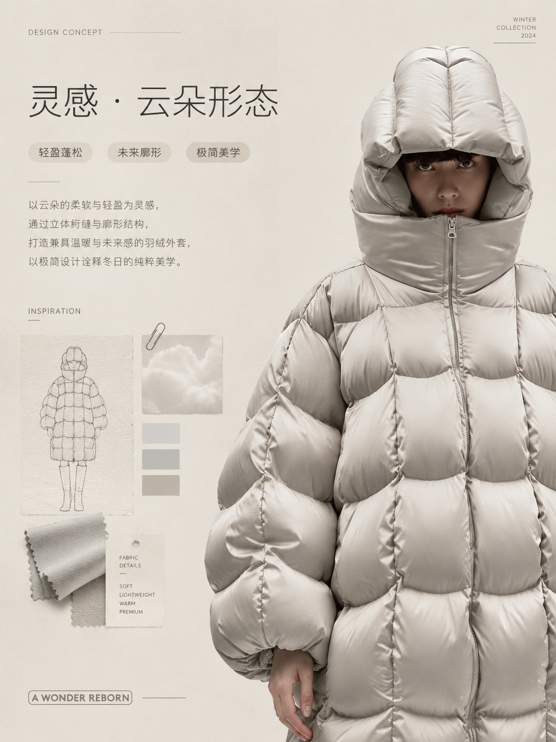 [商品] 使用【图1】浅灰色云朵绗缝连帽中长款羽绒服；商品处理… - 图片创意预览