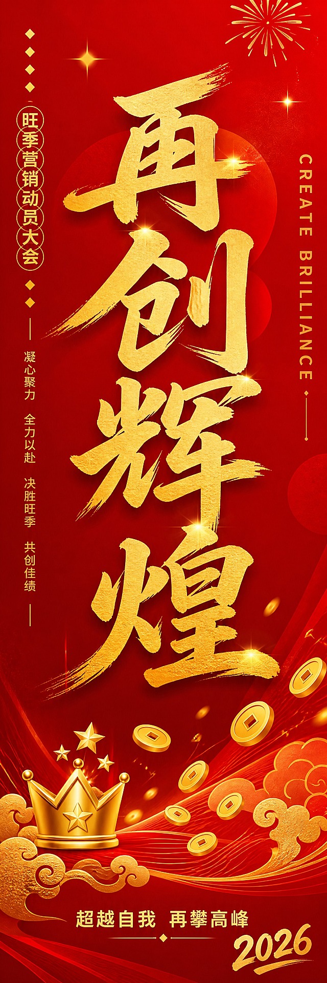 参考图版式复刻，保留竖幅长条骨架、红金配色体系、书法大字风格与中式装饰语言，替换为旺季营销动员大会主题。画面为一条竖长竖幅，正红渐变底色，中央竖排金色书法大字主标题"再创辉煌"，字体大气磅礴有力量感。底部配金色小字副标题"超越自我 再攀高峰"，右下角有金色"2026"年份标识。装饰元素：顶部金色烟花星光点缀，底部祥云纹样与金色金币雨元素，右侧竖排英文小字"CREATE BRILLIANCE"做装饰，左下角有金色皇冠/星星小图标。整体红金配色，喜庆大气，动员感强烈，版式精美，竖长构图。画面中所有文字必须清晰可读，不得出现空白占位或待填写区域。