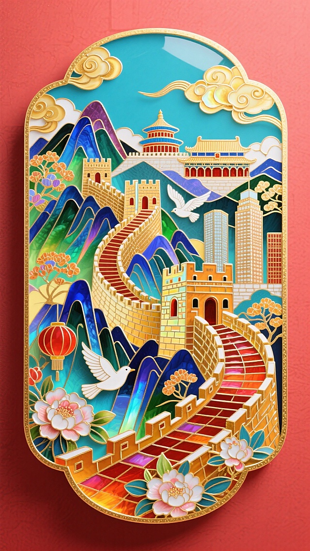 “长城”进行解构用元素拼接而成，数字笔画填充建筑（长城、山脉、故宫、天坛、高楼大厦等）、鲜花、灯笼，白鸽点缀，光影交织，边缘环绕着金色的祥云，红色作为背景