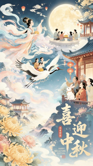 现代国潮风中秋节主题插画，左侧是飘逸衣袂翻飞的嫦娥形象呼应嫦娥奔月传说，包含玉兔、圆月、中式亭台、红灯笼、仙鹤、菊花传统中秋元素，包含多个团圆场景：月亮前一家人围坐赏月吃月饼，仙鹤背上载着温馨一家人，预览效果