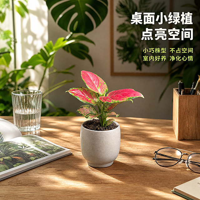 [主图-3] 红宝石小苗桌面摆放场景图，核心任务是展示产品在居家桌面环境中的实际摆放效果，体现小巧精致适合室内养殖。
[统一基调] 热带雨林自然风格，深绿色主调配叶片光影斑驳感，标题字色为米白色，辅助字色为浅草绿色，强调色为叶片玫红色；字体为简洁无衬线粗体，字号层级分明；整体商业摄影质感，自然光从左上方斜射，画面通透有呼吸感。
[画面] 红宝石小苗种植在一个简约的浅灰色陶瓷小花盆中，放置在原木色书桌面上，植株完整展示，主体占比约40%；桌面左侧有一本打开的绿植书籍、一个透明玻璃水杯，右侧有一副眼镜与小型木质笔筒；背景是带有热带雨林元素的室内空间，远处墙面挂着热带植物装饰画，窗边有大型龟背竹叶片剪影，自然光从窗户洒入形成柔和光影；整体营造出清新自然的居家办公氛围，体现小苗小巧不占空间的特点。
[光影质感] 商业室内摄影质感，柔和窗边自然光为主光，从左侧照射，桌面有自然的植物投影，花盆底部有真实接触阴影；叶片表面有自然光泽，整体光线明亮温暖，有午后阳光的舒适感；背景适度虚化，突出桌面主体与植物。
[配色] 原木色桌面为主背景色，植物玫红色与绿色为视觉焦点，背景浅米色墙面与深绿色植物点缀，文字深绿色与米白色，整体色调温馨自然。
[文字版式] 画面右上角竖排主标题"桌面小绿植 点亮空间"，下方两行辅助文字："小巧株型 不占空间"、"室内好养 净化心情"；文字放在画面右上角负空间，不遮挡植物主体，字体为无衬线粗体，主标题醒目，辅助文字缩小。
[输出要求] 1:1正方形比例，2048*2048像素，产品清晰完整，场景自然真实，文字清晰可读；禁止变形、错字、模糊、杂乱、水印、平台Logo、人物面部出现。
