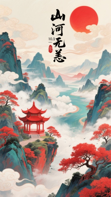 画面以山水为主体，有巍峨的山脉、缭绕的云雾，搭配红色的古建筑（如亭台楼阁）、红色的树木，上方有一个大大的红色圆形（似红日），主标题毛笔大字 （竖排版）“山河无恙”，旁边点缀小印章“10.1”预览效果